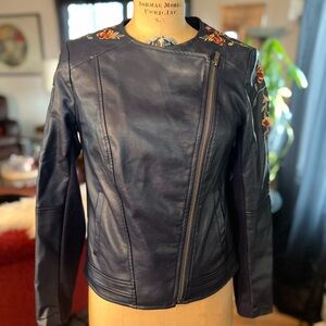 G by Giuliana Faux Leather Moto Jacket Navy Blue Embroidered Vegan XS